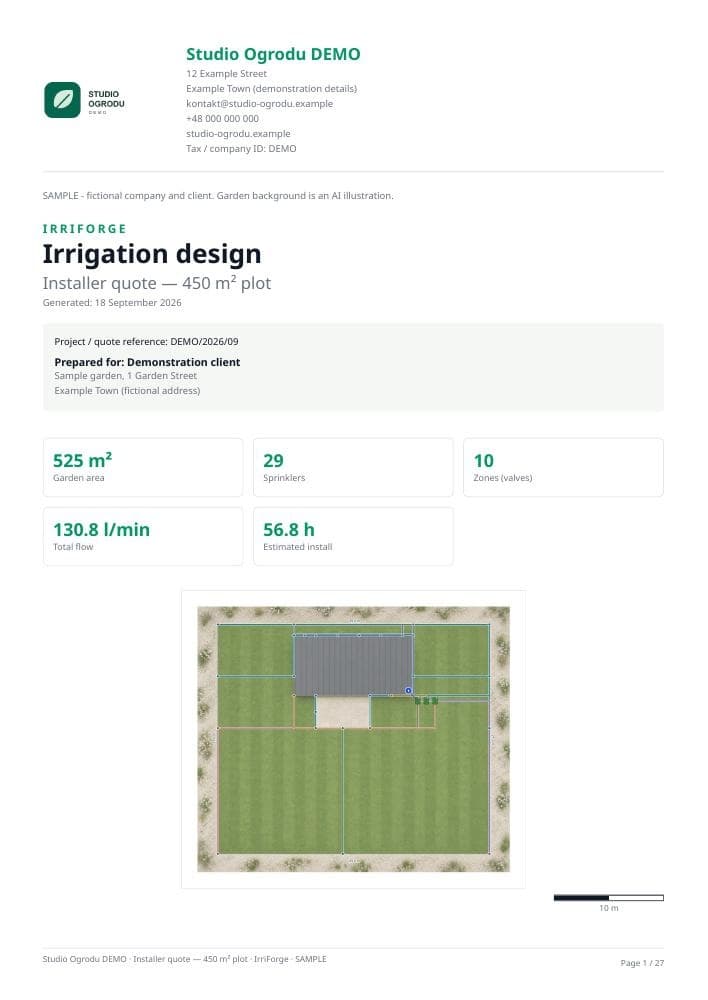 Sample report cover with company logo and garden plan