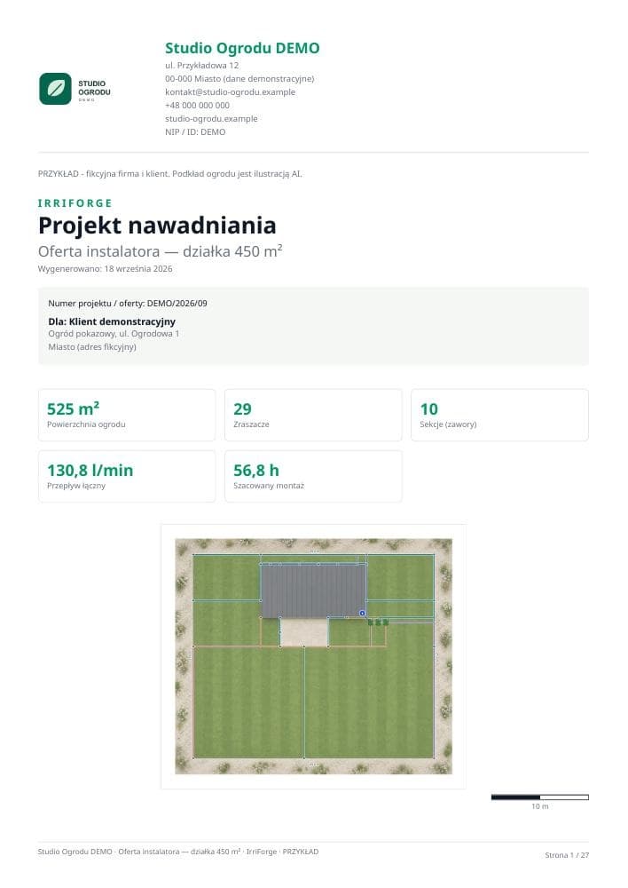 Okładka przykładowego raportu z logo firmy i planem ogrodu